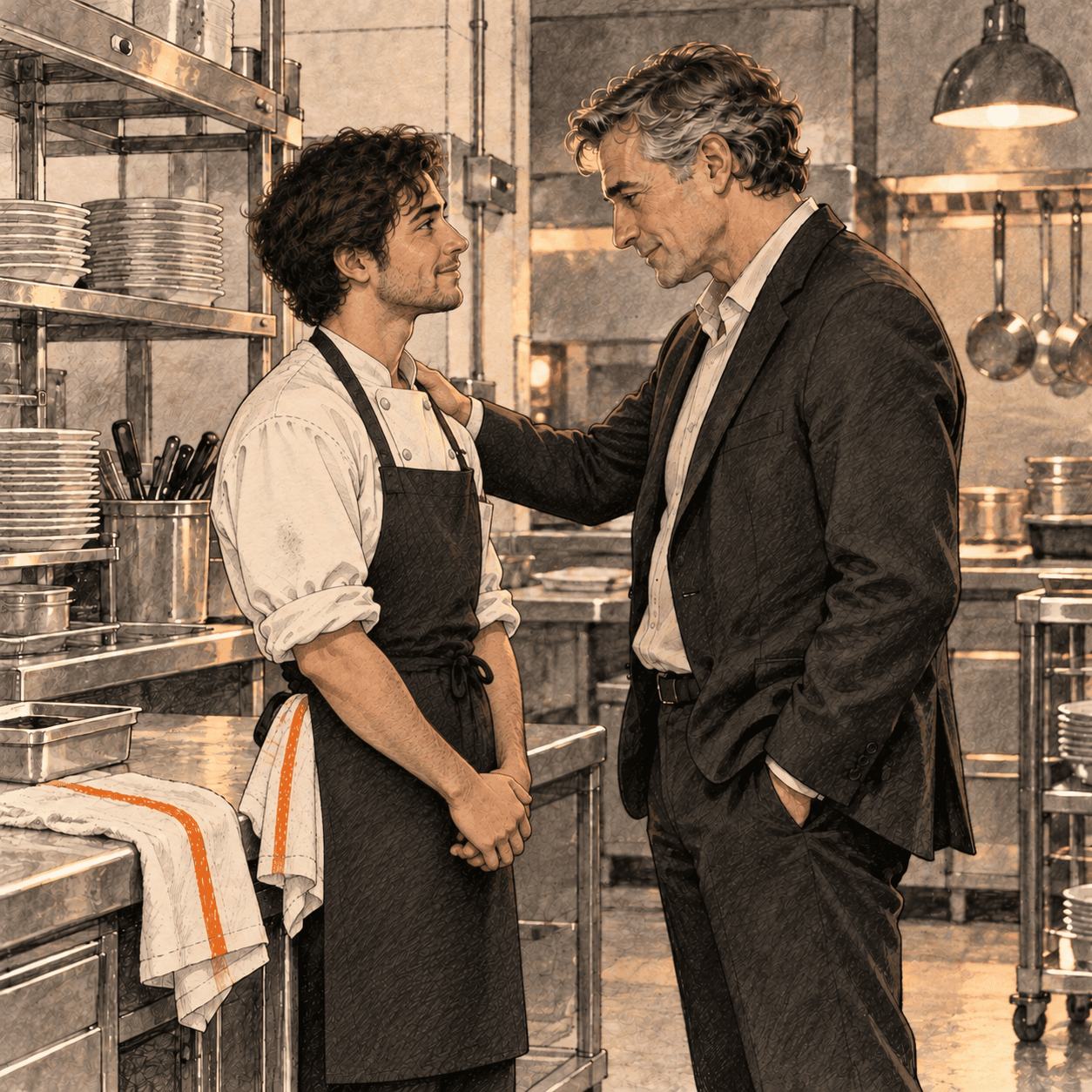 In cucina, a fine serata, il titolare appoggia una mano sulla spalla di un giovane cuoco e lo guarda negli occhi sorridendo, mentre il cuoco, con le mani intrecciate, ricambia lo sguardo.