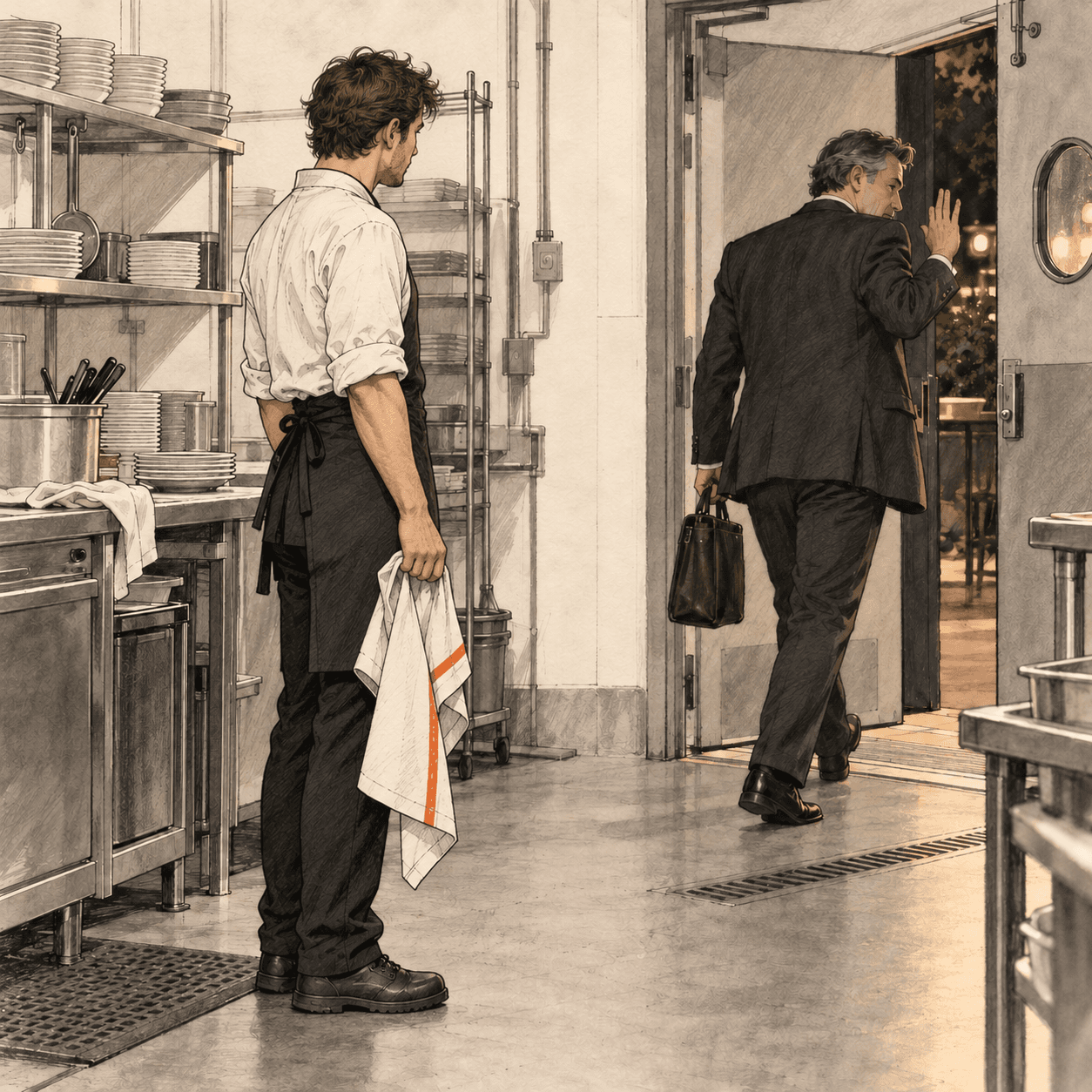 In una cucina professionale a fine servizio, una dipendente con un canovaccio in mano resta ferma a guardare il titolare che esce dalla porta con la valigetta, salutandola di sfuggita con la mano alzata.