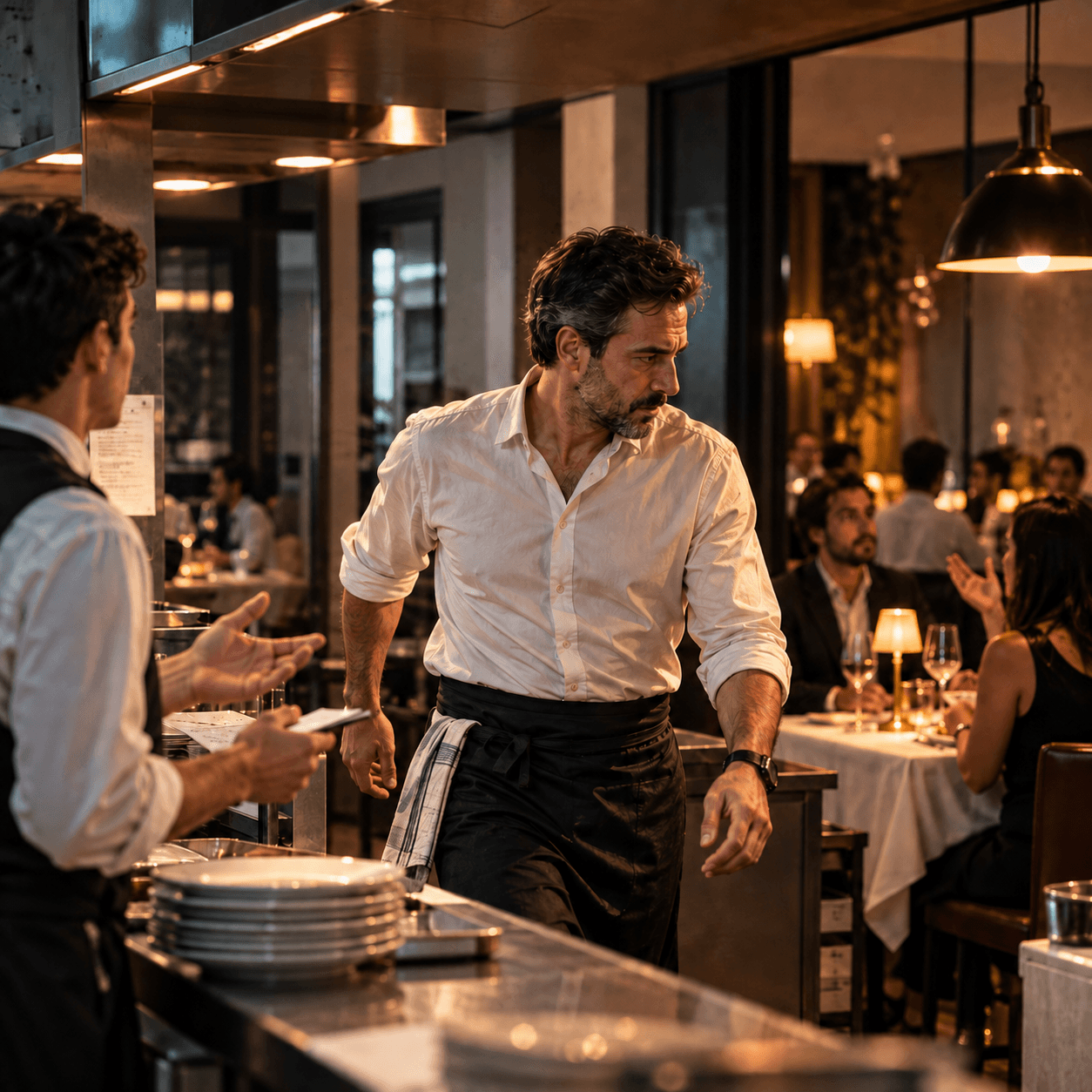 Il titolare in camicia bianca e grembiule nero attraversa la sala di un ristorante mentre un cameriere, in primo piano a sinistra, gli si rivolge con un foglietto in mano.