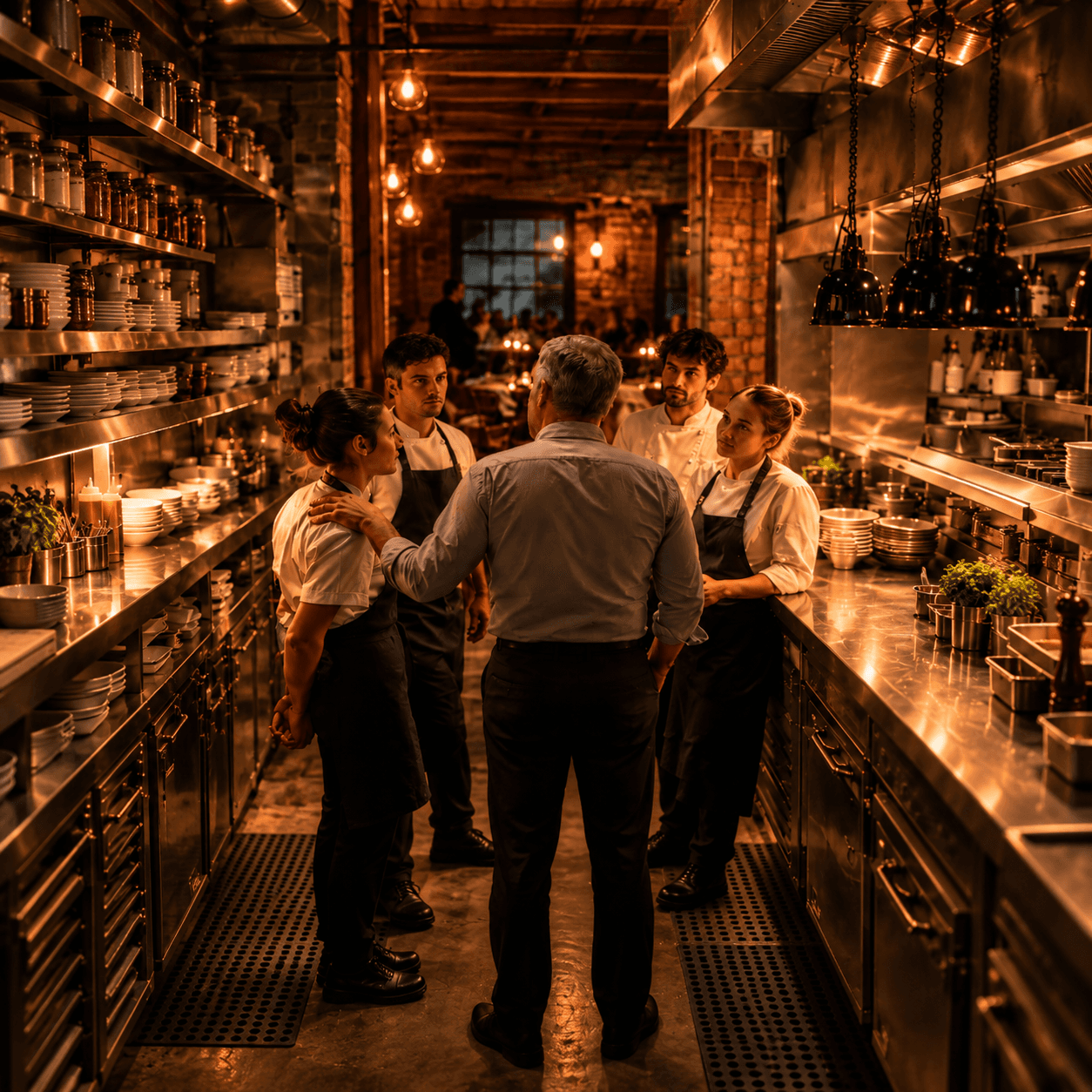 Titolare e squadra riuniti in una cucina professionale, inquadratura quadrata ravvicinata, immagine per l'anteprima dell'articolo.
