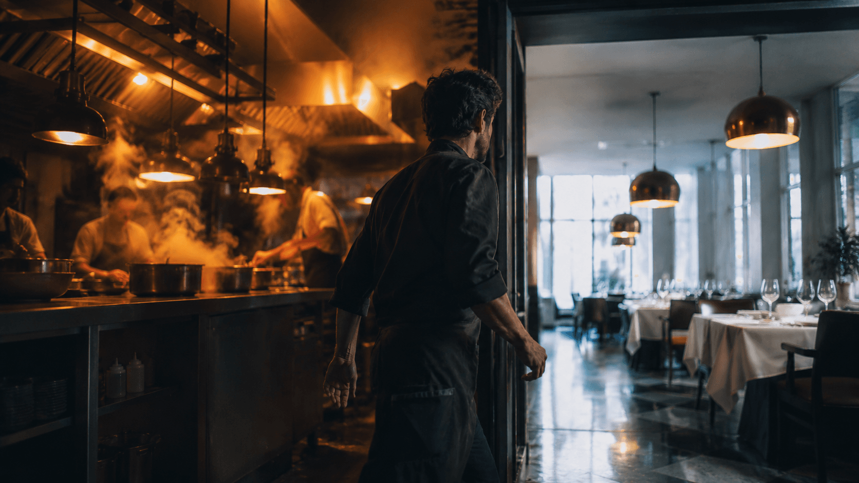 Chef attraversa la soglia tra una cucina professionale in pieno servizio e la sala del ristorante.