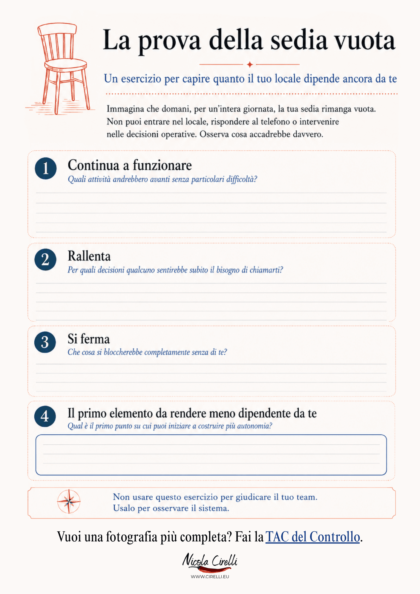 Scheda esercizio La prova della sedia vuota per osservare quanto un locale dipende ancora dal titolare.