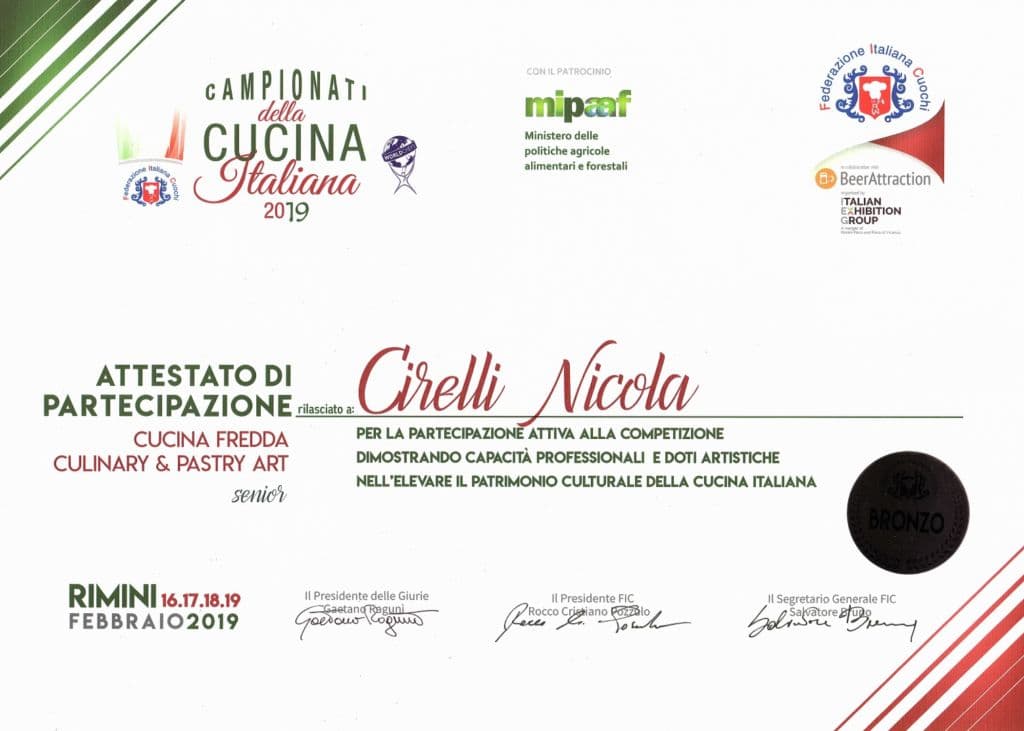 Attestato di partecipazione, medaglia di bronzo, Campionati della Cucina Italiana 2019