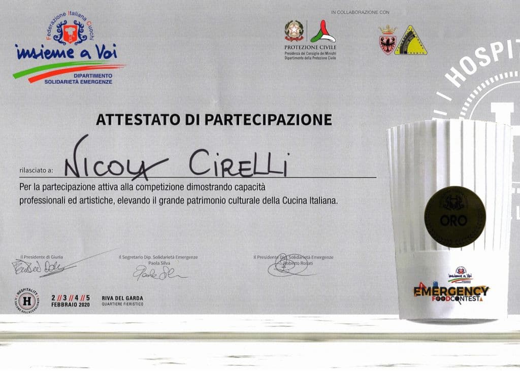 Attestato di partecipazione, medaglia d'oro, Emergency Food Contest
