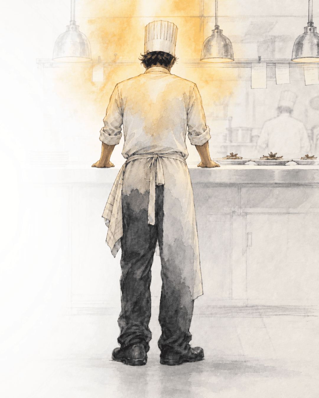 Illustrazione ad acquerello di uno chef visto di spalle davanti al pass di una cucina professionale, tonalità calde dorate, stessa posa, momento di sollievo dopo aver condiviso la stanchezza con la squadra.