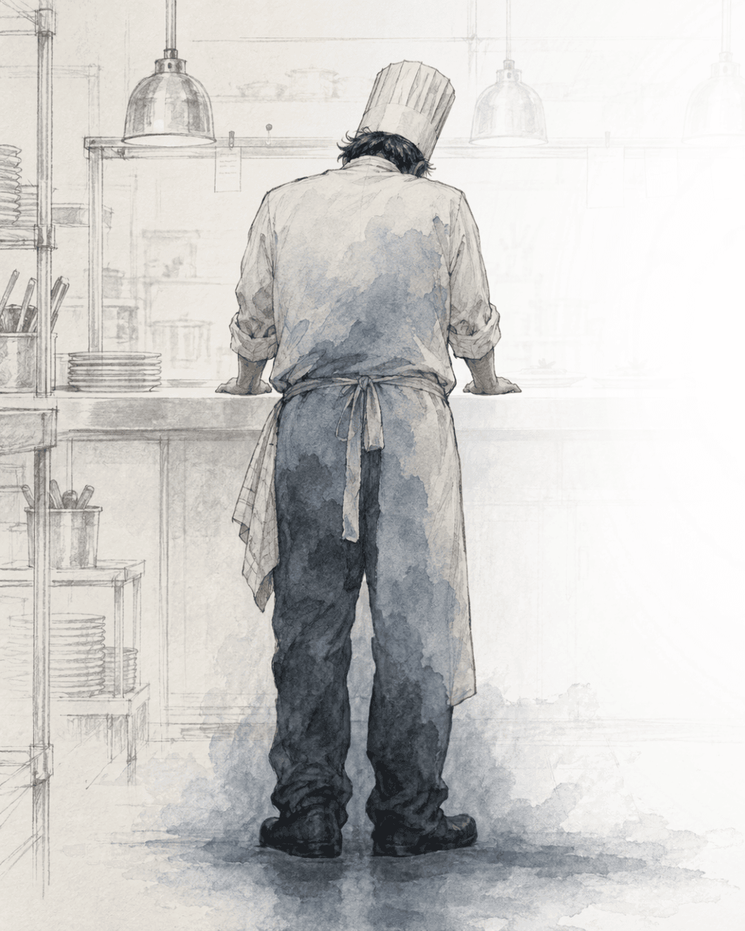 Illustrazione ad acquerello di uno chef visto di spalle davanti al pass di una cucina professionale, tonalità fredde blu-grigio, postura curva, stanchezza trattenuta in silenzio.