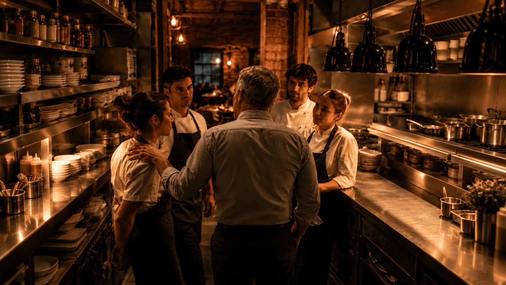Titolare visto di spalle mentre parla con la sua squadra in una cucina professionale, una collaboratrice gli posa una mano sulla spalla, luce calda e atmosfera raccolta.