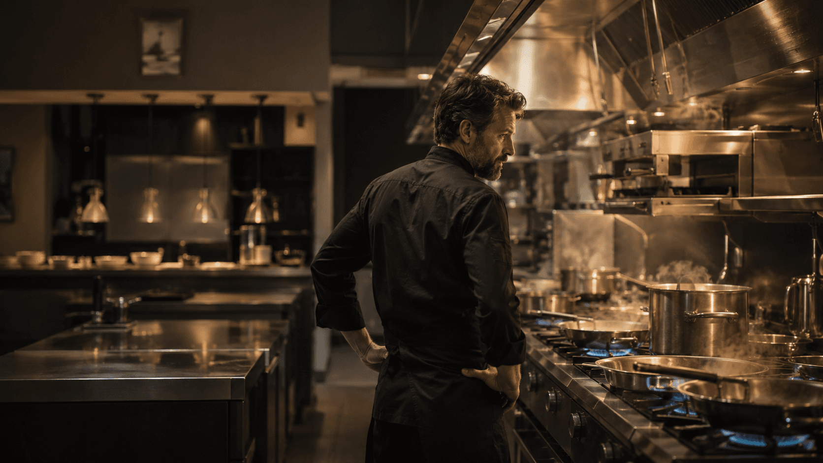 Chef in una cucina professionale a fine servizio, con fuochi accesi e atmosfera calda.