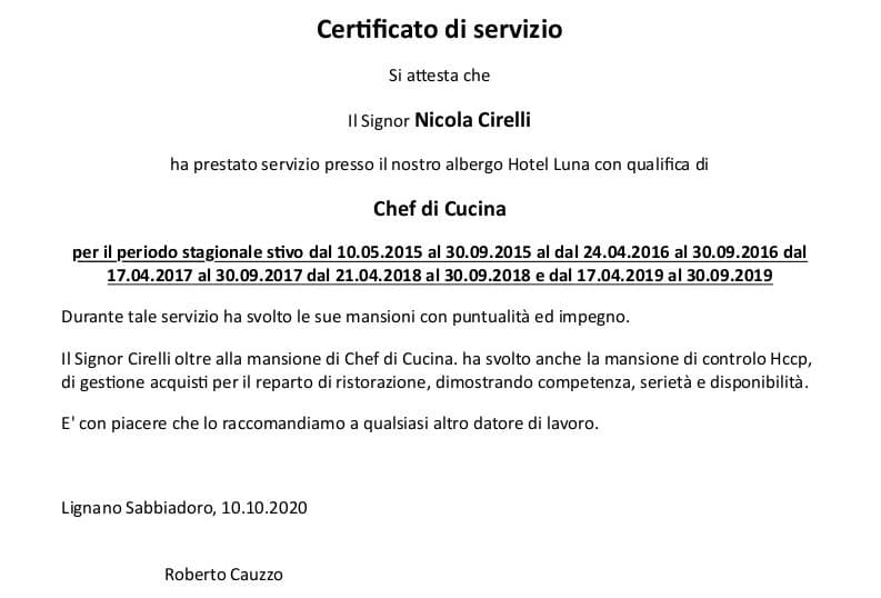 Certificato di servizio Hotel Luna rilasciato a Nicola Cirelli
