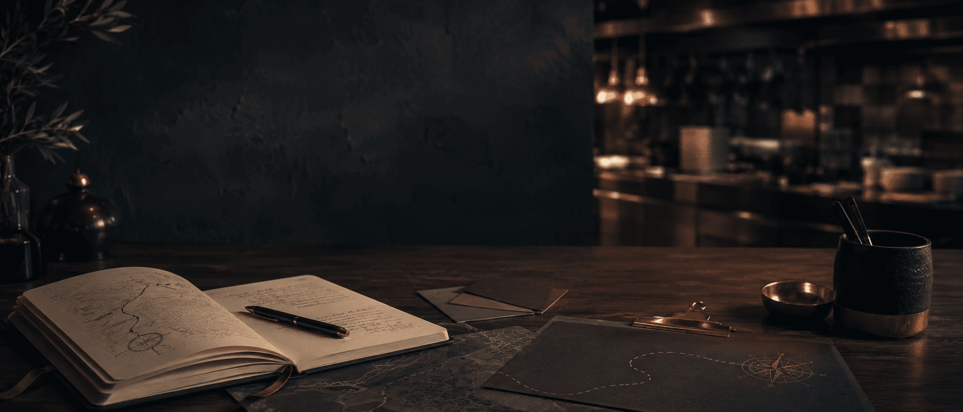 Scrivania con quaderno, mappe e strumenti di orientamento, con cucina professionale sfocata sullo sfondo.